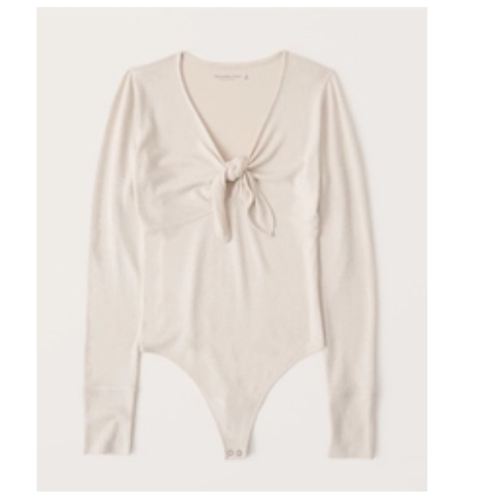 Abercrombie & Fitch Cozy Tie Front Bodysuit Long Sleeve in Cream; size XS